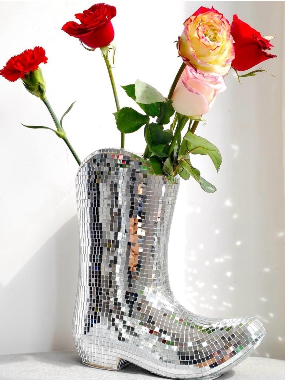Mirrored Silver Mosaic Boot Vase - Decorative Party Planter